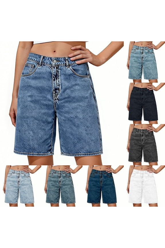 Cotton Jean Shorts for Women High Waisted Denim Bermuda Long Shorts Baggy Jorts Trendy with Pocket