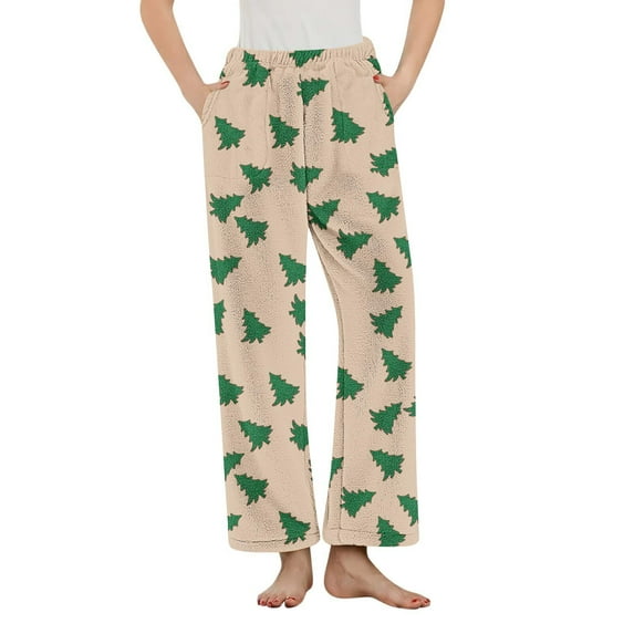 SwiftWear Cozy Christmas Tree Print Pajama Pants for Women - Festive Plus Size Sleepwear & Lounge Pants Soft Flannel Fleece with Pockets, Elastic Waist Holiday Comfort Pj Bottom Brown