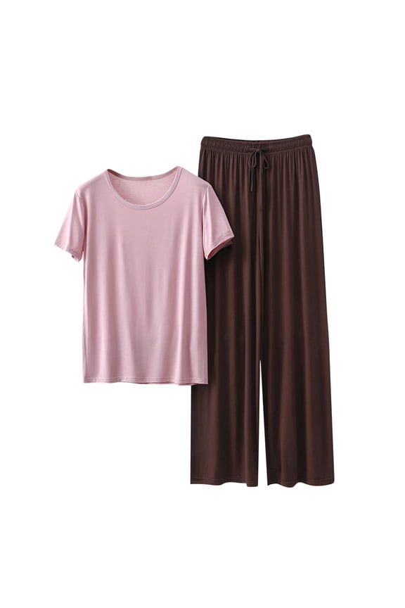 Cozy Modal Blend Pajamas for Women Set Summer Sleepwear Set – Loose Crewneck Top + Adjustable Drawstring Wide-Leg Pants | 2-Piece Pajama Sets
