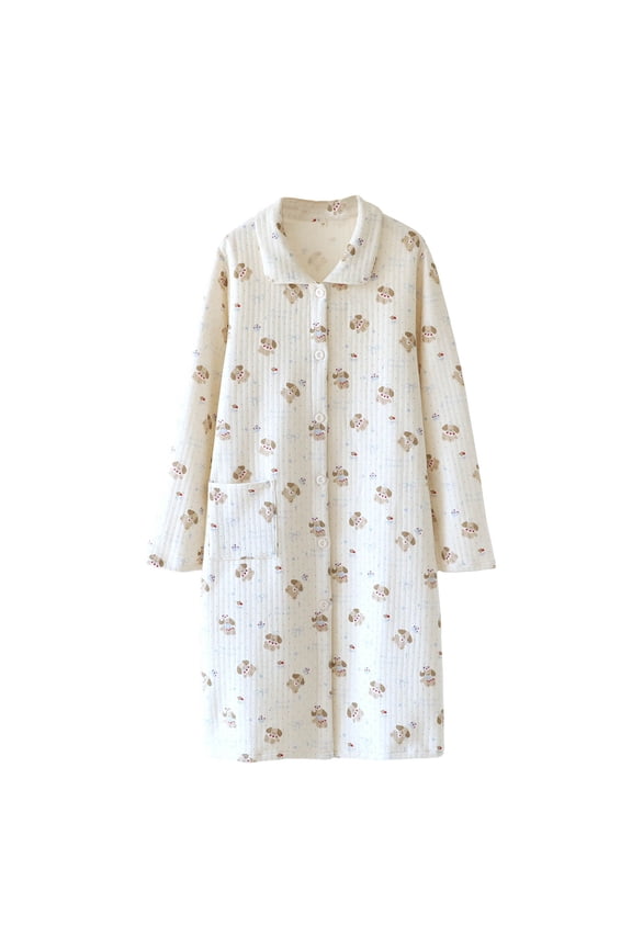 Cozy Puppy Print Robe with Button Closure - Women's Cotton Long Sleeve Loungewear, Turn-Down Collar Design for Home Relaxation (M-XL)