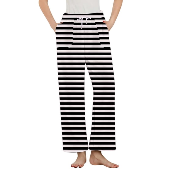 SwiftWear Cozy Striped Lounge Pants for Women - Plush Flannel Sleepwear & Loungewear, Relaxed Fit with Adjustable Waist & Pocket Home Comfort Pajama Pants Black