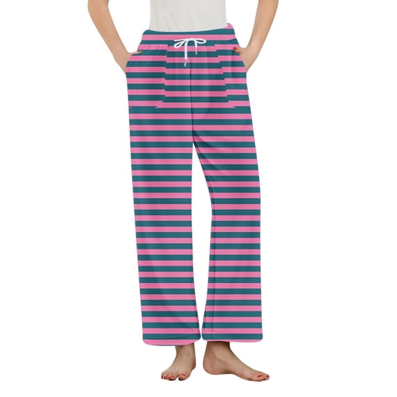 SwiftWear Cozy Striped Lounge Pants for Women - Plush Flannel Sleepwear & Loungewear, Relaxed Fit with Adjustable Waist & Pocket Home Comfort Pajama Pants Pink