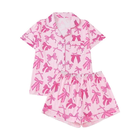 SwiftWear Cozy & Trendy Sleepwear: Women's Button up Pajamas Set Bow Print Shirt & Shorts 2 Piece Set, Classic Collar, Perfect for Bedtime, Lounging