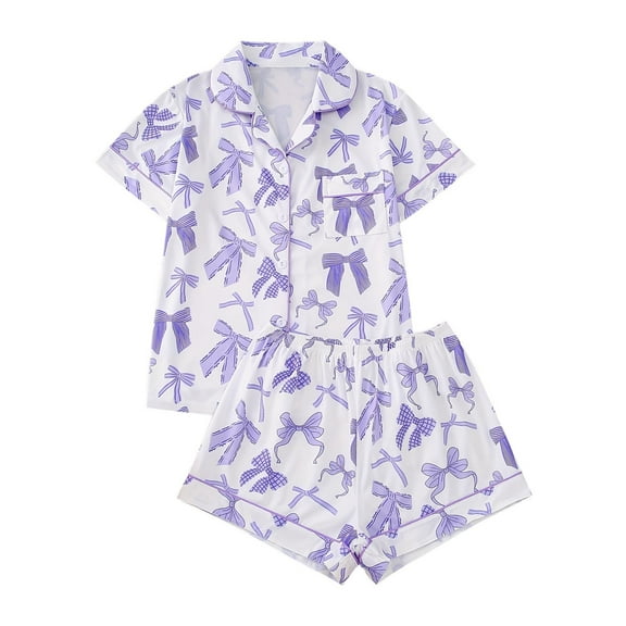 SwiftWear Cozy & Trendy Sleepwear: Women's Button up Pajamas Set Bow Print Shirt & Shorts 2 Piece Set, Classic Collar, Perfect for Bedtime, Lounging