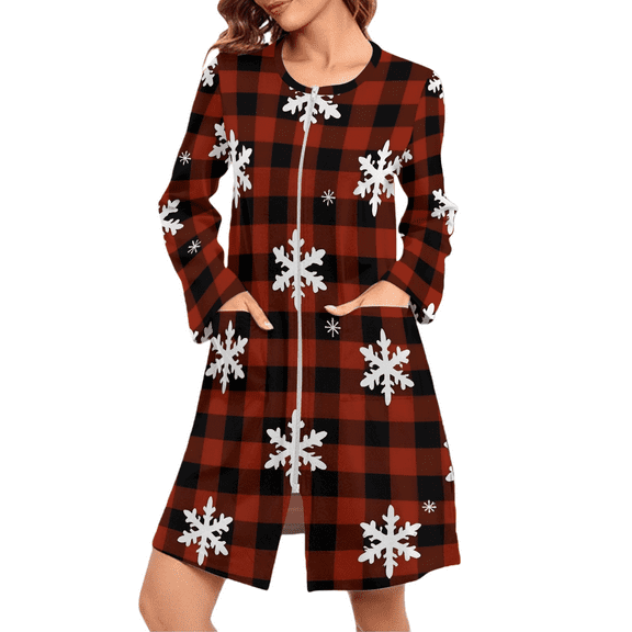 SwiftWear Cozy Women's Christmas Themed Lounge Robe - Soft Brushed Long Sleeve Sleepwear, Relaxed Fit Holiday Pajama Dress with Pockets