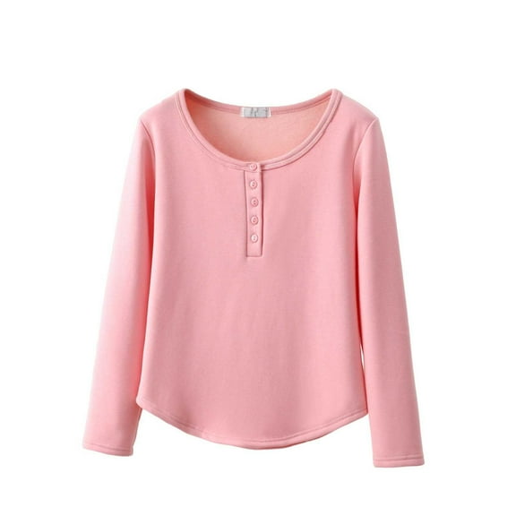 SwiftWear Cozy Women's Fleece-Lined Pajama Top - Sleepwear & Loungewear, Crew Neck Button Front with Arc Hem, Plush Comfort Base Layer Pink