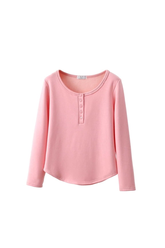 Cozy Women's Fleece-Lined Pajama Top - Sleepwear & Loungewear, Crew Neck Button Front with Arc Hem, Plush Comfort Base Layer Pink