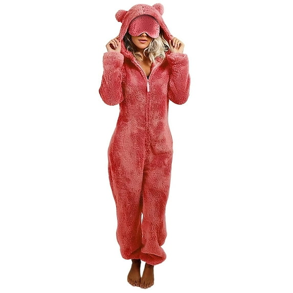 SwiftWear Cozy Women's Plush Fleece Adult Onesie Pajamas - Hooded Sleepwear & Lounge Wear Zip-Up Front with Ears and Eye Mask Red L