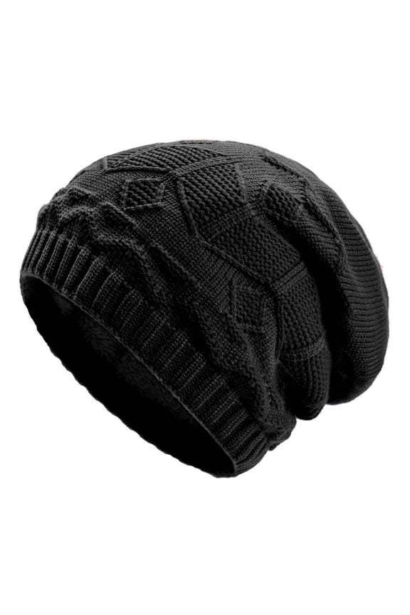 Crochet Slouchy Beanie with Ear Flaps, Stretchy Soft Warm Knit Winter Fleece Hat for Women & Men, Textured Ribbed Brim Hat