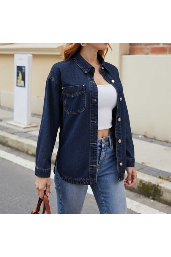 Cropped Washed Denim Jacket Shirt for Women with 2 Pockets – Relaxed Fit Button Down Trendy Short Shacket, Dark Blue