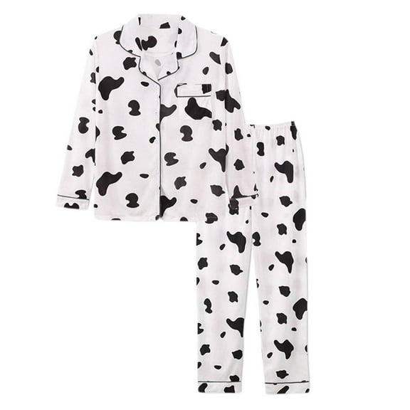 SwiftWear Cute Black & White Cow Print Women’s Pajamas Set Loose Long Sleeve Lounge Wear with Pockets & Elastic Waist Pants – Soft, Cozy Sleepwear & Loungewear for Women