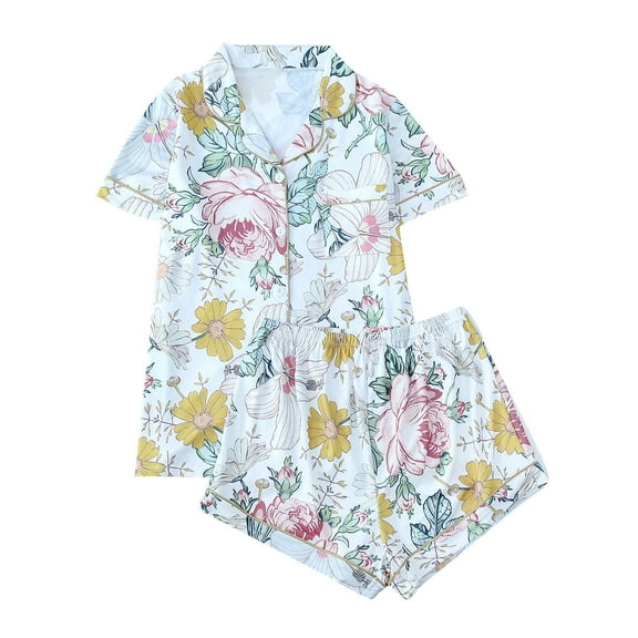 SwiftWear Cute Floral Bow Print Pajama Set for Women - Soft Cozy Sleepwear & Loungewear Collared Button-Down Top with Pocket and Shorts, Comfortable Lightweight Summer Fall Pjs Home Wear White