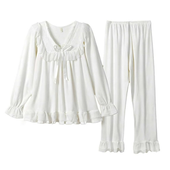 SwiftWear Cute Women Fall Winter Pajamas Delicated V-Neck Ruffle Pjs Set 2 Pieces - Vintage Style Cozy Sleepwear & Home Loungewear Long Sleeve Top and Pants White