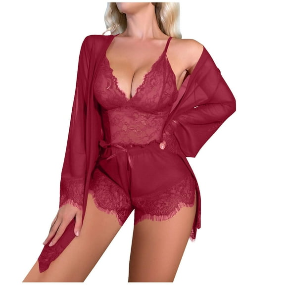 SwiftWear Elegant Women's 3-Piece Lace Pajama Set V-Neck Camisole Sleepwear & Lounge Wear, Matching Shorts & Cardigan, Plus Size Comfort in S-XXXL Red