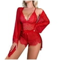 thumbnail image 1 of SwiftWear Elegant Women's 3-Piece Lace Pajama Set V-Neck Camisole Sleepwear & Lounge Wear, Matching Shorts & Cardigan, Plus Size Comfort in S-XXXL Red, 1 of 4