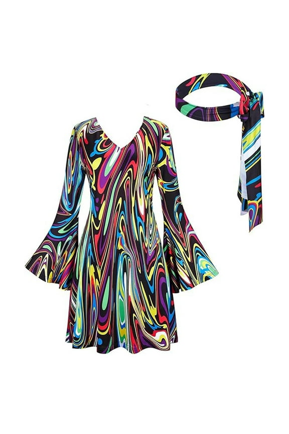 Eye-Catching Women’s Disco Dress Long Sleeve V-Neck Flared Dress for Halloween -Abstract Print, Tie Neck Design Comfortable Clubwear & Halloween Costume