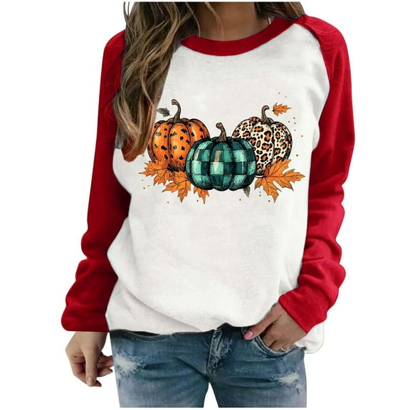 SwiftWear Fall Season Pumpkin Pattern Sweatshirt for Women Comfort Fit Raglan Long Sleeve Pullover Tops Thanksgiving Halloween Theme Casual Wear with Leaf Motifs Red