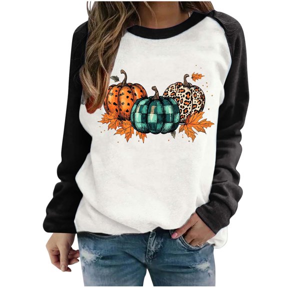 SwiftWear Fall Season Pumpkin Pattern Sweatshirt for Women Comfort Fit Raglan Long Sleeve Pullover Tops Thanksgiving Halloween Theme Casual Wear with Leaf Motifs Black
