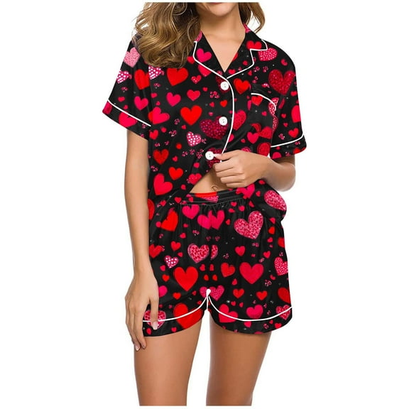 SwiftWear Fashion-Forward Summer Pajama Set Soft Stretch Womens Short Sleeve Button up Top & Shorts with Heart Print, Anniversary Valentines Day Gifts for Her