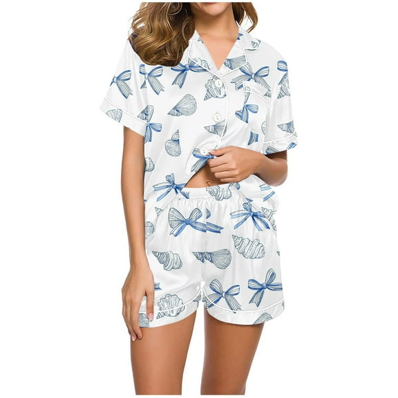 SwiftWear Fashion-Forward Summer Pajama for Women Set Floral Printed Short-Sleeve Shirt & Elastic-Waist Shorts - Notch Neck Design for Elegant Comfort Loungewear