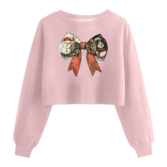 SwiftWear Festive Pink Crewneck Sweatshirt for Women - Christmas Theme Cropped Top with Cute Print, Soft Loose Fit No Hood Casual Tops