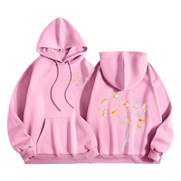 SwiftWear Funny Puppy Print Women's Hoodie Long Sleeve Casual Pullover with Dandelion Design, Soft Oversize Loungewear for Pet Lovers Pink