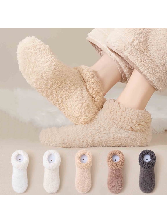 Fuzzy Slipper Socks for Women Winter Warm Fluffy House Socks Above-Ankle, Coffee