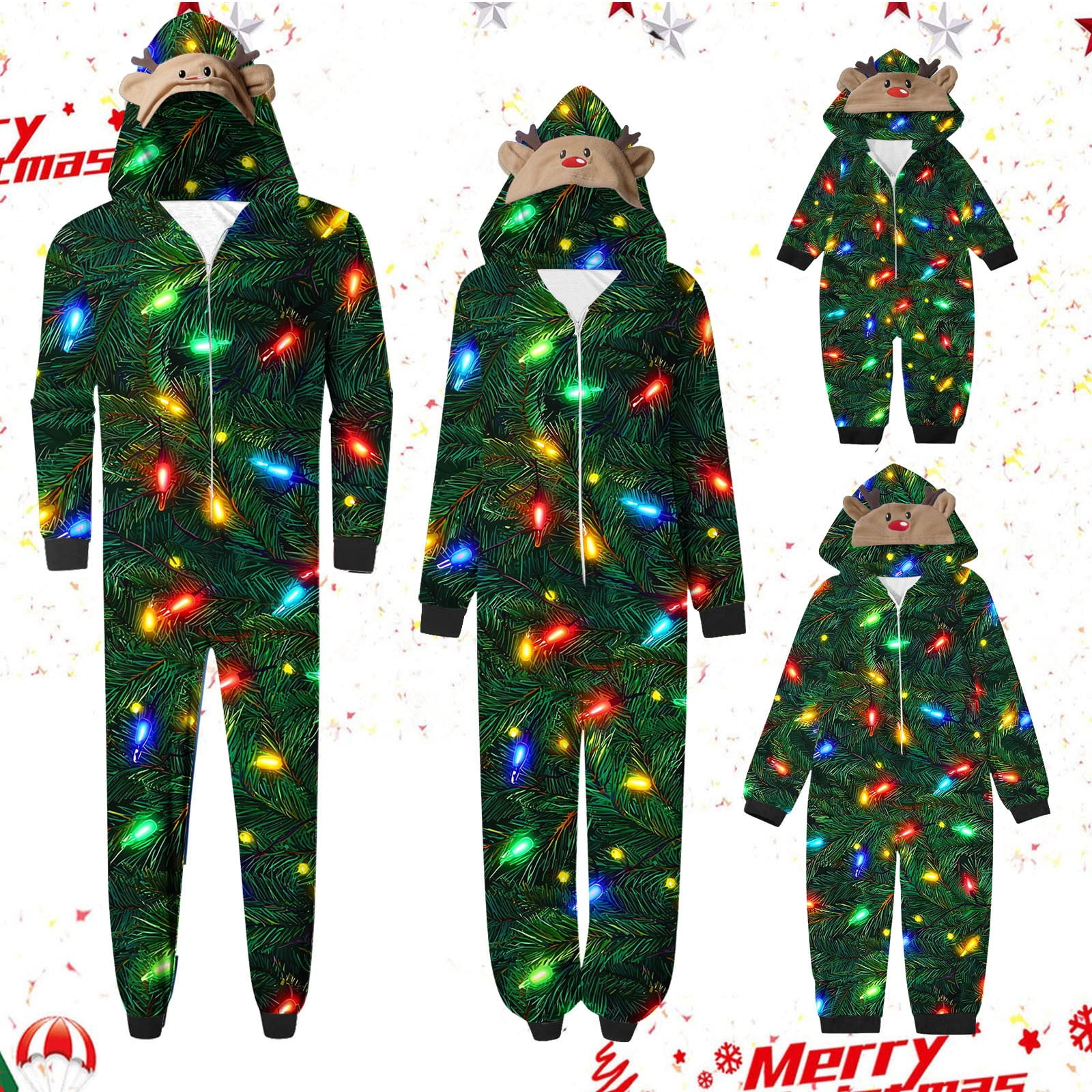 SwiftWear Green LED Light Graphic Family Christmas Pajamas Matching Onesie with Reindeer Hood Novelty Wear