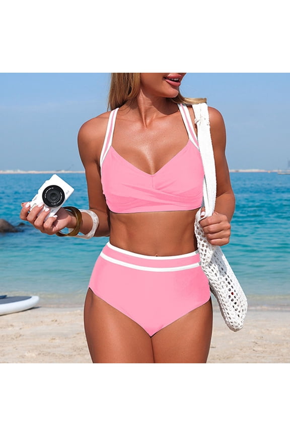 High Waisted Bikini Sets Sporty Two Piece Swimsuits Cross Back Color Block Cheeky High Cut Bathing Suits