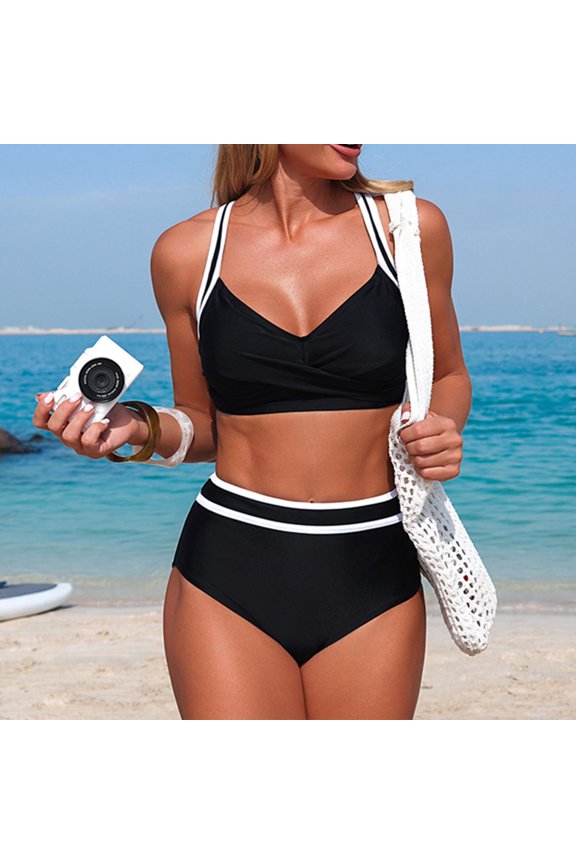High Waisted Bikini Sets Sporty Two Piece Swimsuits Cross Back Color Block Cheeky High Cut Bathing Suits