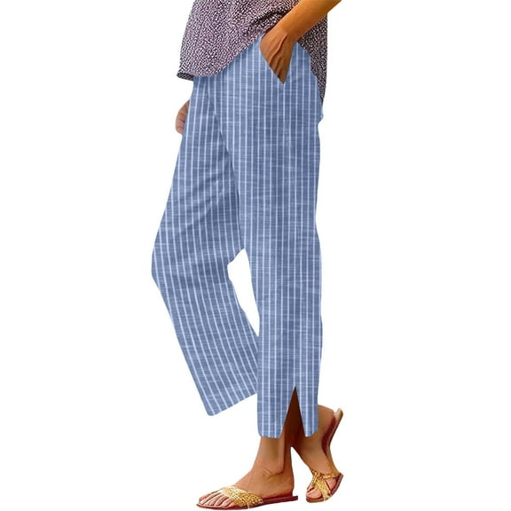 SwiftWear High-Waisted Striped Print Pants with Elastic Waist, Breathable Cotton Linen Trousers Casual Side Slit Hem Lounge Pants for Women S-2XL