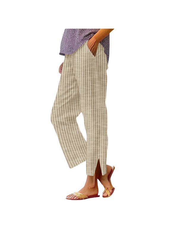 High-Waisted Striped Print Pants with Elastic Waist, Breathable Cotton Linen Trousers Casual Side Slit Hem Lounge Pants for Women S-2XL