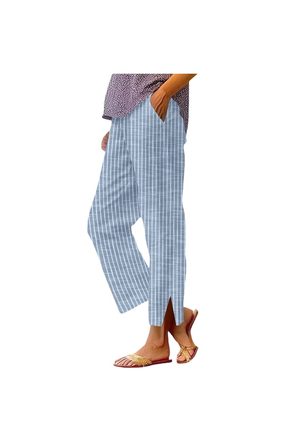 High-Waisted Striped Print Pants with Elastic Waist, Breathable Cotton Linen Trousers Casual Side Slit Hem Lounge Pants for Women S-2XL
