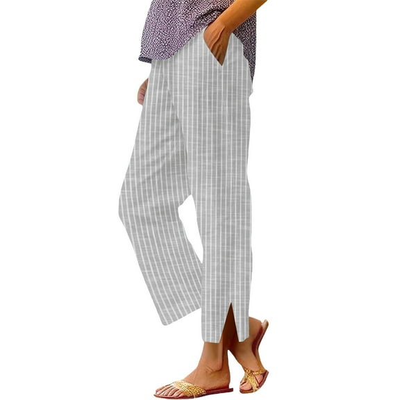 SwiftWear High-Waisted Striped Print Pants with Elastic Waist, Breathable Cotton Linen Trousers Casual Side Slit Hem Lounge Pants for Women S-2XL