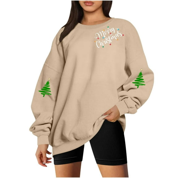 SwiftWear Holiday Comfort Crewneck Sweatshirt for Women - Long Sleeve Merry Christmas Graphic Pullover Tops Beige