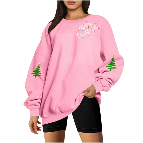 SwiftWear Holiday Comfort Crewneck Sweatshirt for Women - Long Sleeve Merry Christmas Graphic Pullover Tops Pink