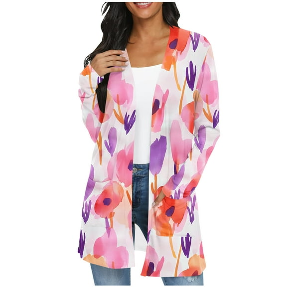 SwiftWear Long Cardigan for Women Lightweight Floral/Checkered Print Design with Pockets Open Front Long Sleeve Outerwear Tops