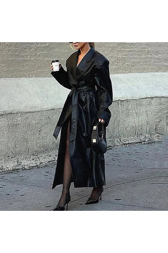 Long PU Leather Trench Coat Classic Notch Lapel Belted Jacket Maxi Overcoat for Women's Winter Fashion