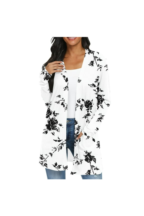 Long Sleeve Long Cardigan with Pockets Women's Trendy Floral Print Wrap Relaxed Fit Cadigant Open Front Tops