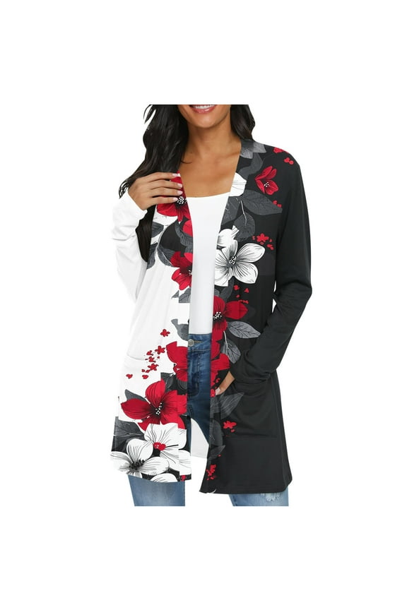 Long Sleeve Long Cardigan with Pockets Women's Trendy Floral Print Wrap Relaxed Fit Cadigant Open Front Tops