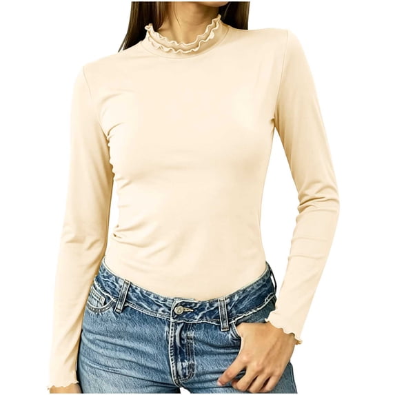 SwiftWear Long Sleeve Shirts for Women Cute Ruffle Trim Mock Neck Tops Casual Slim Fit Tee Fall Fleece Layer Basic Outfits