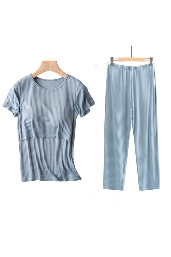 Loose Cotton Modal Maternity Pajama Set with Built in Bra - Soft Short Sleeve Top & Long Pants, 3D Ribbed for Pregnancy & Nursing, Plus Size Postpartum Pajamas Sleepwear