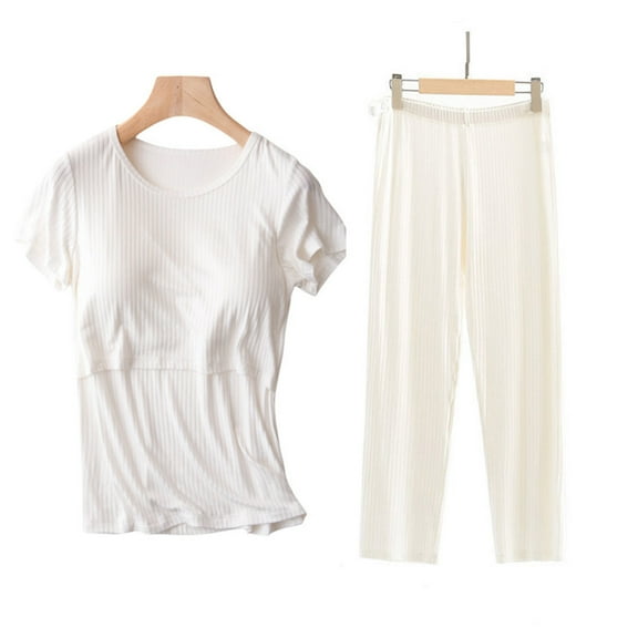 SwiftWear Loose Cotton Modal Maternity Pajama Set with Built in Bra - Soft Short Sleeve Top & Long Pants, 3D Ribbed for Pregnancy & Nursing, Plus Size Postpartum Pajamas Sleepwear