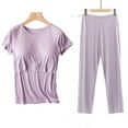 thumbnail image 1 of SwiftWear Loose Cotton Modal Maternity Pajama Set with Built in Bra - Soft Short Sleeve Top & Long Pants, 3D Ribbed for Pregnancy & Nursing, Plus Size Postpartum Pajamas Sleepwear, 1 of 4