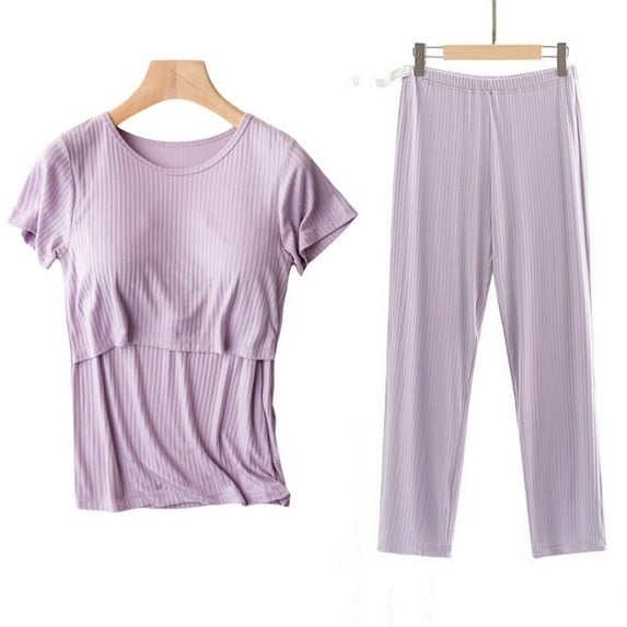 SwiftWear Loose Cotton Modal Maternity Pajama Set with Built in Bra - Soft Short Sleeve Top & Long Pants, 3D Ribbed for Pregnancy & Nursing, Plus Size Postpartum Pajamas Sleepwear