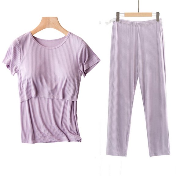 SwiftWear Loose Cotton Modal Maternity Pajama Set with Built in Bra - Soft Short Sleeve Top & Long Pants, 3D Ribbed for Pregnancy & Nursing, Plus Size Postpartum Pajamas Sleepwear