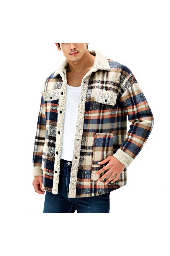 Men's Flannel Shirt Jacket Sherpa Lined Workwear Coat Casual Long Sleeve Button Down Overshirt Shacket, Blue