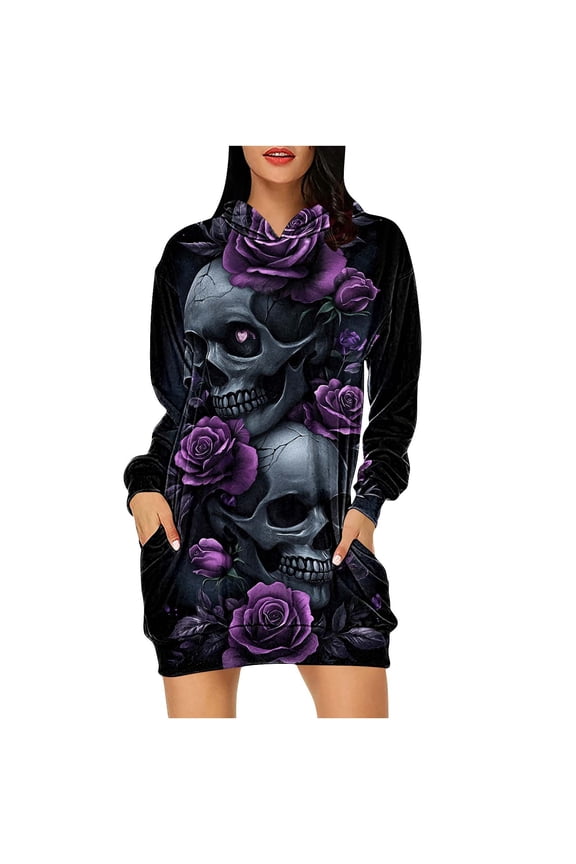 Oversize Halloween Dress for Women Spooky Floral Pumpkin Print Sweatshirts Hooded Design with Pockets
