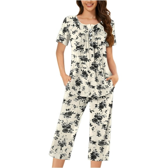 SwiftWear Pajamas for Women Set 2 Piece Women's Stylish Loungewear Loose Fit Button-Up Blouse, Capri Pants with Side Pockets - Cozy Sleepwear for Summer