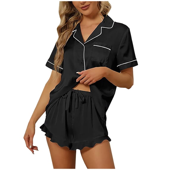 SwiftWear Pink/Black/Blue Womens Silk Satin Pajama Sets 2 Piece Notch Neck Sleepwear Ruffle Shorts Soft Button-Up Loungewear Pjs Set